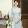 Abbigliamento etnico 2023 Estate femminile stile cinese retrò lungo colletto incrociato mezza manica donne migliorate Aodai Cheongsam vestito Zan vestiti