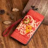 Wallets Retro Genuine Leather Women's Fallow Long Ladies Zipper Wallet Clutch Bag Female Red Purse Flowers Wristlet Purses