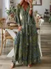 Casual Dresses Women Bohemian Beach Maxi Dress Spring Summer Casual V-ringen Långärmad klänningar Kvinna Vintage Floral Print Long Dress Vestidos J230619