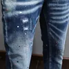 Herr jeans modedesigner män retro blå stretch smal fit målad rippad koreansk stil vintage casual denim byxor hombre 230619