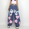 Shorts Femme Coeur Imprimé Denim Découpé Jeans Distressed pour Femme Mode Baddie Vêtements Streetwear Taille Haute Baggy Pantalon Bleu Y2k Harajuku 230619