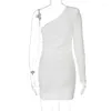 Casual Jurken 2023 Dames Een Schouder Mini Ruches Trekkoord Mode Bodycon Sexy Lange Mouwen Elegante Festival Party Club Jurk Zwart