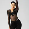 Stage Wear Summer Latin Dance Bodysuit Black Leopard Siatka Latynosowe ubrania Latino Długie rękaw V-deck Chacha Rumba Samba Practice Tops 159