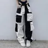 Pantalones cargo de pana de color de contraste empalmados en blanco y negro para mujer 2023 cintura alta multibolsillo y2k holgado chica caliente casual