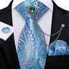 Bow Ties Fashion Light Blue Paisley Men's Handkerchief Cufflinks With Crystal Brooch Chain 8cm Silk For Men Gift Drop