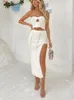 Roupa de banho feminina sexy malha branca oca vestido de praia 2023 verão feminino moda praia encobrimento sem mangas top fenda saia longa conjunto de duas peças