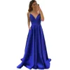 Simple Royal Blue Satin Prom Dresses With Pockets A Line V-Neck Spaghetti Strap Formal Evening Party Gowns Open Back Women Special Occasion Dress