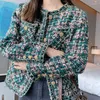 Kvinnorjackor Green Plaid Tweed Kvinnor Woolen Coat Högkvalitativ Outwear 2023 Autumn Winter Round Neck Vintage Jacket