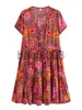 Casual Dresses Vintage Chic Women Short Sleeve Floral Print Fashion Beach Bohemian Mini Dress Ladies V-neck Summer Rayon Cotton Boho Dresses J230619