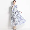 Casual Dresses Runway Women's Summer Bohemain Maxi Designer Ruffled flare långärmad Vintage Ink Print Holidays Party Dress