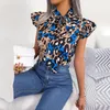 Damenblusen FICUSRONG Damen Frühling Sommer Freizeit Leopardenmuster Holzohr Schnür-Chiffon-Oberteil für Damen-Bluse mit fliegenden Ärmeln