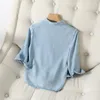 T-shirts pour femmes Noeud à l'ourlet Chemise en jean de couleur unie avec fil de soie Femme Été Minceur 5/4 Manches moyennes Mince et drapé