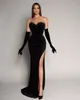 Arabe Noir Sirène Robes De Bal Longues pour Femmes Chérie Velours Dos Nu Perles Haut Côté Split Occasion Formelle Soirée Pageant Fête D'anniversaire Robes sans gants