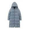 겨울 새로운 느슨한 후드가있는 중간 길이 큰 슬림 다운 재킷 여성의 두꺼운 코트 하얀 오리 다운