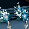 Grampos de cabelo flor azul grampos de cabelo lado retrô moda chinesa franja jóias longo pingente de borla headpiece para mulheres meninas vestido hanfu
