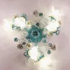 Plafonniers Suspension Led Art Lustre Bleu Clair Floral Living Luminaire Métal Rose Filles Chambre D60cm H25cm Verre Dépoli