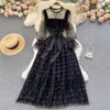 Casual Dresses Vintage Black Lace Dress Elegant Evening Party Robe Women Sweet Mesh Long Sleeve A-line Sheer Ball Gown G986