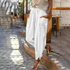 Summer 2023 New Casual Fashion Solid Color Linen Loose Pocket Wide Leg Radish Trousers Women'S Trousers Beach Pants