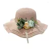 Berets Women Straw Hat Foldable Cap Floppy Wide Brim Sun Hats Summer Beach With Flower UV Protection For Travel (White One