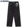Męskie dżinsy szkieletowe haft dłoni dżinsowe spodnie Mens High Street szerokie nogi spodnie uliczne luźne spodni dżinsy mężczyźni 230619