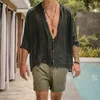 Mäns casual skjortor bomullslinne skjorta mäns vintage stativ krage knäppta toppar strand fritid för män lösa solida halva ärmkläder
