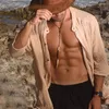 Mäns casual skjortor bomullslinne skjorta mäns vintage stativ krage knäppta toppar strand fritid för män lösa solida halva ärmkläder