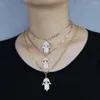 Catene Oro rosa Argento 3 colori Fashion Cz Gioielli Open Link Spilla da balia Collana con ciondolo a mano Hamsa con zirconi cubici