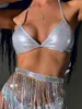 Arbetsklänningar holografiska rave festival kläder bikini sexig rygglös bh topp paljetter tassel mini kjol nattklubb strand karneval fest 3 st