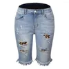 Pantaloncini da donna Jeans neri per le donne Estate a vita media Jeans strappati alla moda Leopard Plaid Pantaloni skinny al ginocchio elasticizzati