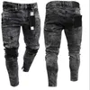 Mäns jeans Biker nödställda stretch rippade män hiphop slim fit hål punk blixtlås ren färg denim byxor 230619