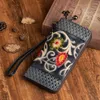 Wallets Retro Genuine Leather Women's Fallow Long Ladies Zipper Wallet Clutch Bag Female Red Purse Flowers Wristlet Purses