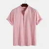 Men's Casual Shirts Summer Men Turn Down Collar Short Sleeve Button Loose Male Stripe Stand Shirt Blouse Oversized