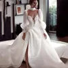 Magnifique Blanc Ivoire Princesse Longues Robes De Mariée Robes De Mariée Une Ligne Sheer Col Haut Puff Manches Complètes Split Dentelle Robe De Mariée Cu218j