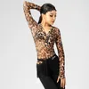 Stage Wear Summer Latin Dance Bodysuit Black Leopard Siatka Latynosowe ubrania Latino Długie rękaw V-deck Chacha Rumba Samba Practice Tops 159