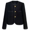 Kvinnorjackor Luxury Black Tweed Jacket Women's Designer O-Neck Croped Coat Woman Fashion 30% Wool Single Breasted Top Ladies 2023