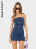 Vestidos Casuais BOOFEENAA Sexy Blue Denim Vestidos de Verão 2023 Feminino Y2k Roupas Estilo de Rua Jeans Tube Top Sem Costas Bodycon Mini Vestido C85-DI34 J230619