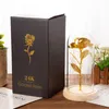 Flores decorativas folha de ouro 24K flor rosa com luzes banhadas em cúpula de vidro 20 LED corda de 2 m na base de madeira