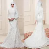 2017 White Muslim Wedding Dresses High Neckline Long Sleeves Bridal Gowns With Beaded Applique Mermaid Style Custom Made Wedding G279C