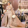 Arapça Dubai Muhteşem Yüksek Boyun Uzun Kollu Gelinlik 2020 Denizkızı Dantel Aplikler Çıkarılabilir Tren Gelin Gowns Vestido De Noi254y