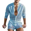 Herrespår Summer Men Hawaiian Shirts Set Long Sleeve Shorts Suit Beach Trendy Hollow Out Sexy Lace Suits Ropa Hombre Outfit