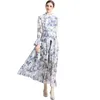 Casual Dresses Runway Women's Summer Bohemain Maxi Designer Ruffled flare långärmad Vintage Ink Print Holidays Party Dress