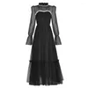 Casual Dresses Pearl Beaded Stand Collar Flare Sleeve Spotted Mesh Length Brand Dress