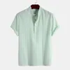 Men's Casual Shirts Summer Men Turn Down Collar Short Sleeve Button Loose Male Stripe Stand Shirt Blouse Oversized