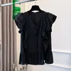 Women's Blouses SuperAen Black V-neck Flying Sleeve Chiffon Doll Shirt Summer Ruffle Sleeveless For Women
