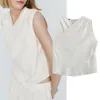 Blusas Femininas Maxdutti Blusa de Escritório Estilo Inglaterra Feminina Moda Feminina Camisa de Linho Simples Sem Manga Casual Branco Senhora Tops