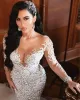 Arabische Meerjungfrau luxuriöse Brautkleider Dubai Sparkly Kristalle Langarmes Brautkleider Court Zug Tüllrock Robe de Bc