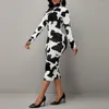 Casual Dresses Missjoy Cow Printed White Turndown Collar Quarter Zip Up Dress Women