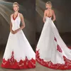 2020 Vintage White and Red Wedding Dresses Halter Neck Beaded A Line Satin Church Bridal Gowns Backless329k
