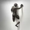 Decorative Objects Figurines 3D Through Wall Figure Sculpture Resin Electroplating Imitation Copper Abstract Climbing Statue Living Room Home Decoration 230617