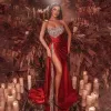 Изумрудные красные вечерние платья от плеча хрустальные бриллианты арабские вечерние платья для вечеринок длинные боковые разрез в Дубай